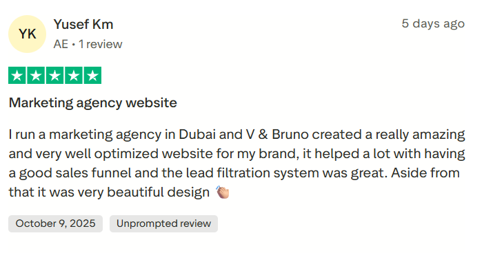 Glide Media Trust Pilot: I run a marketing agency in Dubai, and V and Bruno created a really amazing and a very well optimized website for my brand (Glide Media), it helped a lot with having a good sales funnel and the lead filtration system was great. Aside from that, it was a very beautiful design.